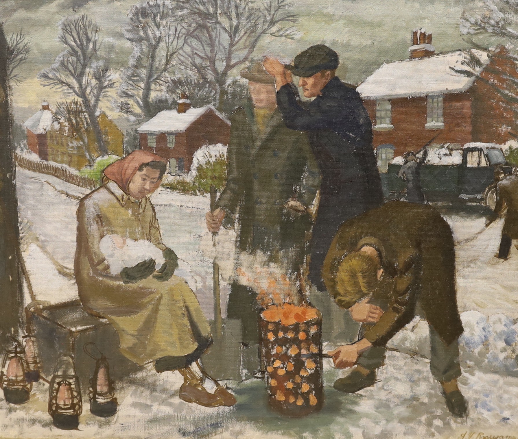 Beatrice Ivy Rosewarne, oil on canvas, Itinerants in the street around a brazier, signed, 51 x 61cm, unframed